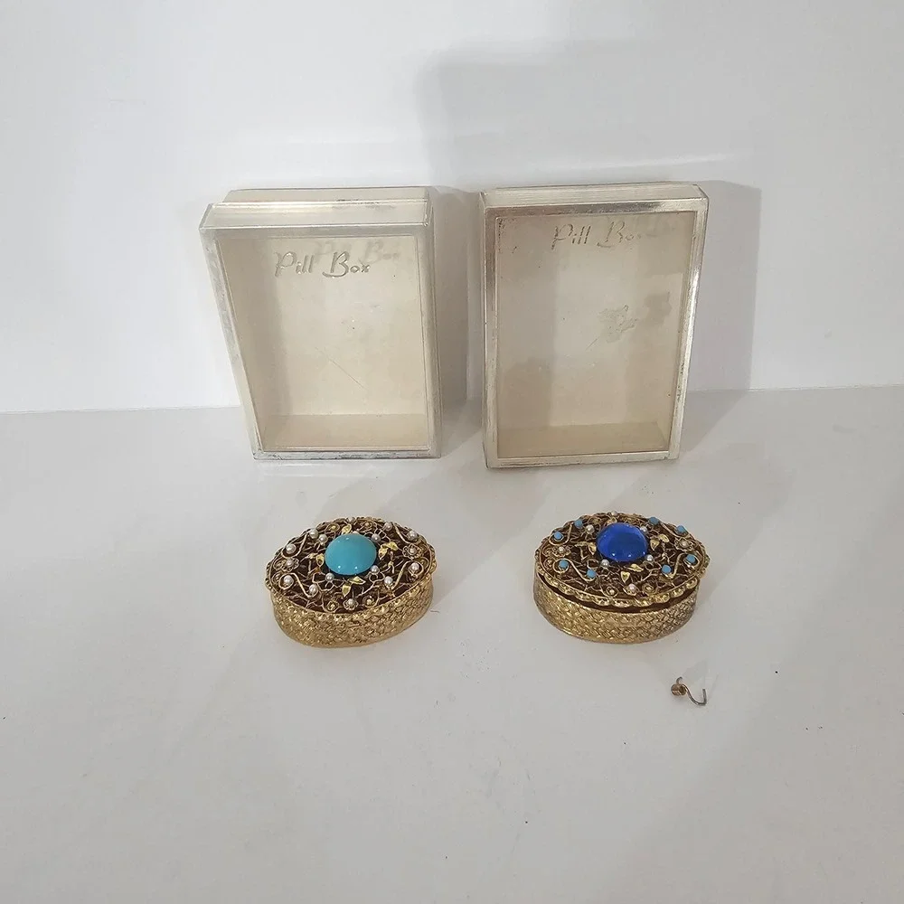 Vintage Gold Tone Filigree Pill Box Set Turquoise Blue Cabochon Faux Pearl 2pc